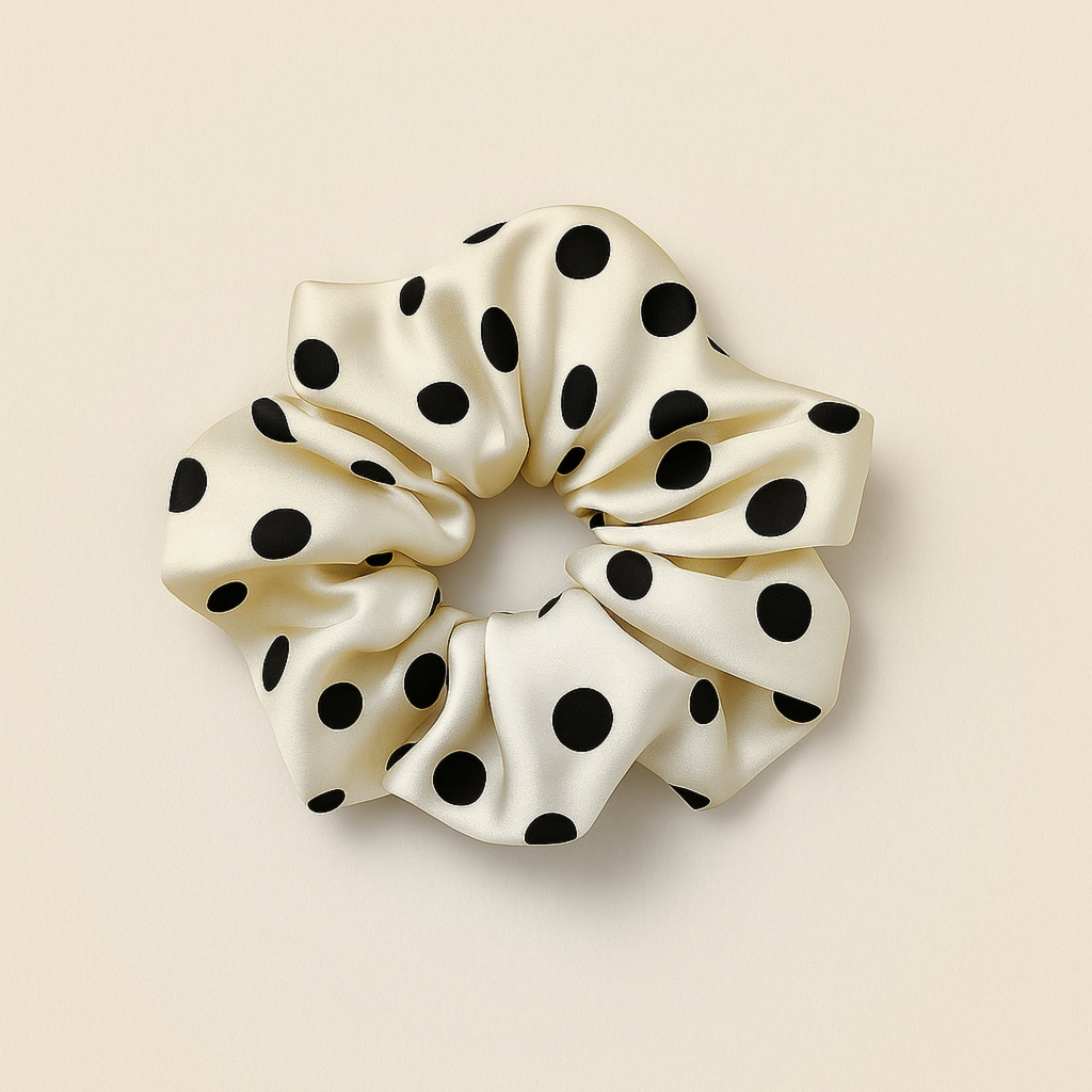 Scrunchie saténová gumička DORY béžová s černými puntíky2